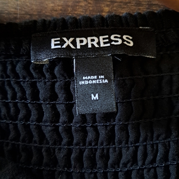 Express Linen Blend Puff Sleeve Black Romper Eyelet Size Medium - Picture 6 of 8